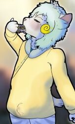 alien antennae_(anatomy) anthro blue_hair blurred_background blush bodily_fluids bottomless bus casual_vore closed_eyes clothed clothing commercial_vehicle cum cum_in_clothing cum_through_clothing erection erection_under_clothing femboy genital_fluids hair hi_res macro male mass_vore micro morning stripes teruni-inamor vehicle virelli vore wassa_panotto_inamor wet wet_clothing yellow_clothes