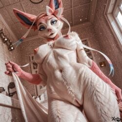 ai_generated anthro bathroom breasts eeveelution female indoors inside looking_at_viewer looking_pleasured nipples nude pokemon pokemon_(species) pussy standing sylveon towel vulva