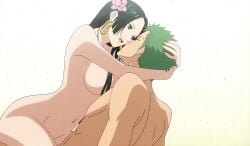 1boy 1girls about_to_kiss ai_generated beach big_breasts black_eyes black_hair boa_hancock brown_eyes echoanomaly female forehead green_hair hand_around_neck jewelry looking_at_partner male nipples one_piece romantic roronoa_zoro