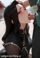 1girls ai_generated asami_sato avatar_legends bikini black_hair blowjob blush clothing dark_skin female heart hi_res horny klexyai kneeling light_skin lipstick long_hair looking_at_viewer male penis purple_eyes side_view sitting sweatdrop the_legend_of_korra uncensored watermark younger_female