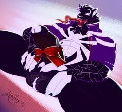 alien balls black_body black_fur body_hair clothing ear_piercing fan_character felid feline fur genitals gift_wrapped hairy_balls halley_karillion hi_res holding_penis jacket male mammal marvel muscular penis piercing pubes solo symbiote tongue tongue_out tongue_piercing topwear uproar_(halley_karillion) venom_(marvel) white_body white_fur