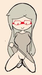 1girls blonde_hair breasts brown_shirt female female_only flashing_pussy ghost ghost_girl large_breasts long_hair long_shirt my_ghost_friend pussy red_eyes sandals shirt_lift simple_background sketch smug solo squatting susie_(dsand) swoiffer2