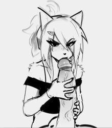 ambiguous_gender andromorph anthro big_dom_small_sub big_penis black_clothing black_shirt black_topwear circumcised clothing collarbone dominant duo felid feline female fur genitals ghwostpawz gynomorph holding_penis huge_cock humanoid_genitalia humanoid_penis intersex larger_male line_art looking_at_viewer male mammal oral penis penis_on_face shirt size_difference topwear unfinished vein veiny_penis