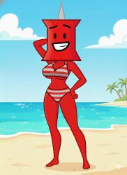 ai_assisted ai_generated battle_for_bfdi battle_for_dream_island beach belly_button bfb bfdi big_breasts bikini bikini_bottom bikini_top breasts female gemini hand_behind_head jacknjellify jnj looking_at_viewer object_head object_show object_show_community object_shows osc palm_tree pin_(bfdi) red_body red_skin smile smiling smiling_at_viewer solo solo_female solo_focus the_power_of_two tpot wide_hips