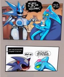 ai_generated anthro areola balls beverage big_breasts big_penis blue_balls blue_body blush breasts chaos_(sonic) clothed clothing comic dialogue duo english_text erection female genitals green_eyes gynomorph hellsonger hi_res huge_cock humanoid_genitalia humanoid_penis male mammal metal_sonic neo_metal_sonic nintendo nipples penis red_eyes sega sonic_(series) sonic_the_hedgehog_(series) speech_bubble spikes text