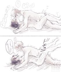 1boy 1girls bar_censor blush breasts censored completely_nude eye_contact female gai_(pokemon) harmony_(pokemon) hatori_a holding_hands interlocked_fingers looking_at_another male male_and_female_focus missionary_position moaning nintendo nude nude_female nude_male open_mouth pokemon pokemon_legends:_z-a seika_(pokemon) sex straight sweat urbain_(pokemon) watermark