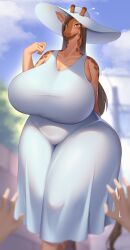 anthro artist_request female furry giraffe girl hands hat huge_breasts sundress tagme tagme_(artist) unkown_artist