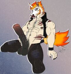 abs animal_genitalia animal_penis anthro athletic balls big_balls big_penis body_hair bottomwear brown_body brown_fur chain_necklace clothed clothing darkened_genitalia darkened_penis denim denim_bottomwear denim_clothing digital_drawing_(artwork) digital_media_(artwork) ear_piercing equid equine equine_genitalia equine_penis facial_piercing fire flaming_hair fur generation_1_pokemon genitals halley_karillion hand_on_penis hi_res horn jacket jeans jewelry leather leather_clothing leather_jacket leather_topwear makeup male male_only markings muscular necklace nintendo nipples nose_piercing open_clothing open_jacket open_topwear pants penis piercing pokemon pokemon_(species) pseudo_hair purple_eyes rapidash skull_(marking) skull_symbol solo striped_body stripes topwear white_body