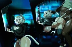 2koma arcade arcade_machine backshots before_and_after bent_over big_breasts breasts breasts_out cat_ears cat_tail catgirl dark-skinned_male drool female final_fantasy final_fantasy_xiv from_behind from_behind_position fucked_from_behind glasses grabbing hair_grab heart instant_loss_2koma miqo'te moshimashi_(artist) oc plump sex sex_from_behind standing standing_doggy_style standing_doggystyle standing_sex sweat tagme tail_grab thick thick_thighs tongue_out xibi