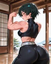 2d ai_generated anime back back_view big_ass big_butt crop_top dojo female female_focus female_only fit_female green_hair jujutsu_kaisen maki_zenin muscle_mommy muscles myaicrush patreon solo_female thick_ass thick_thighs zenin_maki