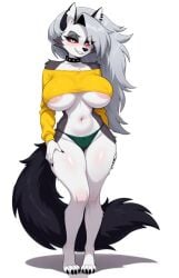 ai_generated anthro areolae_slip black_tail claws demon female furry green_panties grey_fur hellhound helluva_boss large_breasts long_hair looking_at_viewer loona_(helluva_boss) navel panties piercings plain_background red_sclera silver_hair skimpy_outfit smile solo spiked_collar standing teeth thick_thighs two_tone_fur underboob white_background white_eyes white_fur wolf wolf_ears wolf_tail yellow_shirt