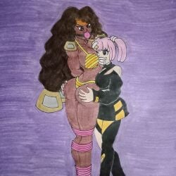 2026 2d 2girls 5_fingers african_female agate_(pokemon) anthro areolae arms_behind_back ass big_breasts bikini black_clothing black_pupils breasts brown_hair brown_skin chalce_(pokemon) clothed_female_nude_female coral_(pokemon) dark-skinned_female drooling ebony ebony_female face_in_breasts female gag grabbing_ass handdrawn handdrawn_art happy happy_female looking_at_another looking_down looking_up older_futa_and_younger_female one_eye_closed one_eye_open pink_gag pink_hair please_somebody_draw_this_women pokemon pokemon_horizons purple_background teeth teeth_clenched teeth_showing teeth_visible tied_hands tied_legs tied_up white_hairband white_skinned_female yellow_bikini