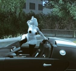 3d_(artwork) areola black_areola black_nipples bovid breasts caprine car closed_eyes clothing curvy_figure day digital_media_(artwork) female floppy_ears footwear front_view genitals goat hand_behind_head high_heels horn inside_car inside_vehicle isazicfazbear legwear mammal markings nipples nude outside plant plantigrade platform_footwear platform_heels pose public road shoes solo standing thick_thighs toriel tree undertale_(series) vehicle vulva white_body white_skin wide_hips