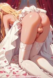 ai_generated ass balls bent_over bride femboy no_panties otoko_no_ko redcherryart sissy small_penis stockings testicles trap wedding_dress wife