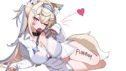 animal_collar animal_ear_fluff animal_ears blonde_hair blue_bra blue_hair bra candy chocolate chocolate_on_body chocolate_on_legs cl_oor cleft_of_venus collar commentary_request dog_ears dog_girl dog_tail female food food_in_mouth food_on_body fuwawa_abyssgard hair_intakes heart heart-shaped_chocolate heart-shaped_food highres hololive hololive_english looking_at_viewer multicolored_hair pussy see-through_clothes shirt simple_background solo tail two_side_up uncensored underwear white_background white_shirt