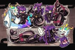 ambiguous_gender anthro arms_tied armwear big_breasts black_armwear black_bodysuit black_clothing black_elbow_gloves black_gloves black_handwear black_latex black_legwear black_skinsuit black_thigh_highs blindfold blue_body blue_fur bodysuit bondage bound breasts clothing collar dragon duo elbow_gloves female fur gloves green_eyes hair handwear heart_symbol hi_res kobold kurousagi_kemo latex latex_armwear latex_bodysuit latex_clothing latex_elbow_gloves latex_gloves latex_handwear latex_legwear latex_mask latex_skinsuit latex_thigh_highs legs_tied legwear lock lying mask multicolored_body multicolored_fur mythological_creature mythological_scalie mythology nora_(stove2) on_front on_ground pink_body purple_body purple_fur purple_hair restraints rope rope_bondage rope_harness scalie skinsuit spiked_collar spikes tail tail_tied thigh_highs tight_clothing wearing_mask white_body white_fur