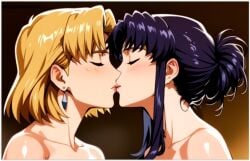 2girls ai_generated akagi_ritsuko alternate_hairstyle bangs bare_shoulders blonde_female blonde_hair blue_earrings blush brown_background closed_eyes collarbone couple duo earrings female/female female_only friends guloyu84 jewelry katsuragi_misato kissing lips lipstick love makeup misato_katsuragi multiple_females multiple_girls mutual_yuri neck neon_genesis_evangelion nude nude_female parted_bangs pink_lipstick purple_hair ritsuko_akagi romantic romantic_couple short_hair sidelocks straight_hair thick_eyebrows tied_hair upper_body yuri