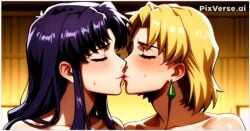 2girls ai_generated akagi_ritsuko bangs bare_shoulders blonde_female blonde_hair blush closed_eyes collarbone couple duo earrings female/female female_only friends green_earrings guloyu84 indoors jewelry katsuragi_misato kissing lips lipstick long_hair love makeup misato_katsuragi multiple_females multiple_girls mutual_yuri neck neon_genesis_evangelion nude nude_female parted_bangs purple_hair red_lipstick ritsuko_akagi romantic romantic_couple short_hair sidelocks straight_hair sweat sweating upper_body yuri
