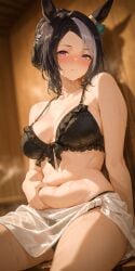 1girls ai_generated animal_ears black_bra black_hair blush breasts female horse_ears horse_girl large_breasts long_hair looking_at_viewer mejiro_ramonu_(umamusume) mole mole_under_eye multicolored_hair navel purple_eyes sauna sitting solo stomach sweat towel_around_waist umamusume white_hair