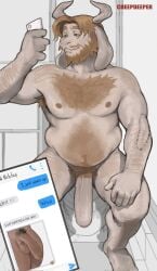 2026 2_horns 5_fingers anthro arm_hair armpit_hair asgore_dreemurr bathroom beard belly_hair blonde_beard blonde_facial_hair blonde_hair body_hair bovid caprine cellphone cheepdeeper chest_hair deer deltarune digital_drawing_(artwork) digital_media_(artwork) electronics english_description english_text exclamation_point facial_hair fingers fur genitals goat hair hairy half-closed_eyes hi_res holding_cellphone holding_object holding_phone horn humanoid_genitalia humanoid_penis male mammal mature_anthro mature_male mouth_closed narrowed_eyes navel new_world_deer nipples nude_anthro nude_male penis phone pubes reindeer rudolph_holiday sending_nudes sitting sitting_on_toilet solo text texting toilet undertale_(series) white_body white_fur
