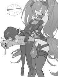 1futa 1girls animal_ears animal_penis arknights:_endfield blush clothed crazy_eyes endministrator_(arknights:_endfield) female female_endministrator_(arknights:_endfield) fox_ears fox_girl fully_clothed futa_on_female futanari gilberta_(arknights:_endfield) greyscale hands_on_another's_hips height_difference hitobashira_(1746164306) huge_balls huge_cock human humanoid hung_futa kemonomimi kissing_penis large_breasts lifting_person long_hair monochrome mostly_clothed mostly_nude sitting_on_penis thick_thighs twintails wide_eyed