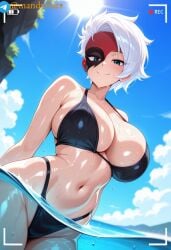 ai_generated artist_name ass big_breasts bikini black_bikini black_eyes brawl_stars breasts female lumi_(brawl_stars) mandystars red_mask telegram water white_hair