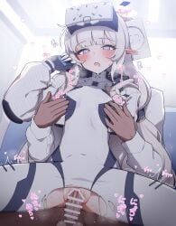 1boy bar_censor blue_archive blush bodysuit censored clothed_sex commentary_request covered_nipples cropped_jacket doodle_sensei_(blue_archive) female hair_tubes halo head-mounted_display highres himari_(armed)_(blue_archive) himari_(blue_archive) hover_bike kunugi_miyaco mole mole_under_eye multicolored_halo nipple_stimulation nipple_tweak official_alternate_costume pointy_ears reverse_upright_straddle sensei_(blue_archive) sex sex_from_behind sitting sitting_on_lap sitting_on_person solo_focus straddling straight tears torn_bodysuit torn_clothes two-tone_halo upright_straddle vaginal_penetration white_bodysuit white_halo