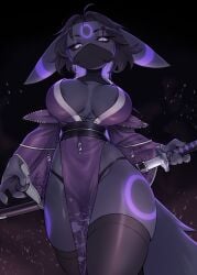 2025 areola_slip azuu big_breasts breasts cleavage clothed clothing eeveelution female female_only kimono legwear looking_at_viewer looking_down melee_weapon nintendo pokemon pokemon_(species) purple_markings sword thighhighs umbreon