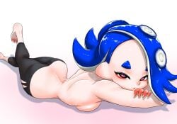 1girls ass ass_crack blue_hair koharuno2 looking_at_viewer lying lying_on_stomach octoling octoling_girl red_eyes shiver_(splatoon) shiver_hohojiro splatoon splatoon_(series) splatoon_3 splatoon_raiders tagme tentacle_hair topless topless_female
