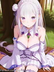 ai_generated artist_name bare_shoulders bench blunt_bangs blurry blurry_background blush braid breasts cleavage crown_braid day detached_collar detached_sleeves dress elf emilia_(re:zero) female flower forest frilled_sleeves frills gem grass grey_hair hair_flower hair_ornament hair_ribbon large_breasts long_hair long_sleeves looking_at_viewer low-tied_long_hair medium_breasts miniskirt mionety nature open_mouth outdoors parted_lips pleated_skirt pointy_ears purple_eyes purple_ribbon re:zero_kara_hajimeru_isekai_seikatsu ribbon rose sidelocks sitting skirt solo thighhighs tree twitter_username very_long_hair white_dress white_flower white_hair white_rose white_skirt white_thighhighs wide_sleeves x_hair_ornament zettai_ryouiki