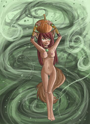 2011 animal_ears anthro armwear breasts brown_fur canine female fox fur gem green_eyes hair kitsu looking_up mammal navel necklace nipples nude pumpkin pussy raptor007 red_hair smile solo