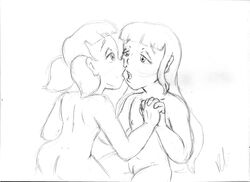 2girls atsuko_(inspector_gadget) female female_only flat_chest holding_hands inspector_gadget kissing monochrome multiple_girls nipples nude penny_gadget pussy rcanheta smooth_skin young yuri