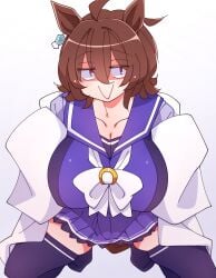 1girls 2026 :> agnes_tachyon_(umamusume) animal_ears animal_tail arms_up big_breasts breasts brown_hair color colored digital_media_(artwork) female female_only hi_res huge_breasts kaijin_debeso kneeling legs light-skinned_female light_skin looking_away partially_clothed red_eyes simple_background skirt smile solo thick_thighs thighs umamusume umamusume_pretty_derby viewed_from_above white_background