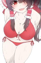 absurdres alternate_costume arms_behind_back bikini blush bow breasts brown_hair cleavage collarbone fang female frilled_bow frilled_hair_tubes frills hair_tubes hairbow hakurei_reimu highres kiui_(dagk8254) long_hair navel open_mouth paid_reward_available red_bikini red_bow red_eyes side-tie_bikini_bottom simple_background skin_fang smile solo sweat swimsuit touhou white_background