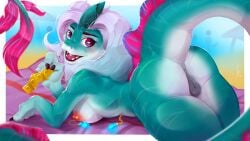 4_fingers animal_genitalia animal_vulva anthro anus aquatic areola asian_mythology ass background_character big_butt biped breasts chain_piercing claws clitoris condom dark-ahroun-friesian digital_drawing_(artwork) digital_media_(artwork) disney dragon east_asian_mythology eastern_dragon equine_genitalia equine_vulva exhibitionism eyebrow_piercing eyebrows eyelashes facial_piercing female fingers frill_(anatomy) fur furred_dragon furred_scalie genitals hair hi_res horn inviting inviting_to_sex inviting_viewer lip_piercing looking_at_viewer looking_back looking_back_at_viewer lying markings multicolored_body multicolored_fur mythological_creature mythological_scalie mythology nipple_piercing nipples nude on_front open_mouth outside piercing pink_eyes public public_nudity raised_tail raya_and_the_last_dragon rear_view scalie sexual_barrier_device sisu_(ratld) smile solo tail tail_anus tail_frill teal_body teal_fur teeth thick_tail thick_thighs three-quarter_view tongue tongue_piercing towel vulva