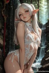 ai_generated bangs bare_shoulders blush breasts covered_navel earrings elf female forest frieren_beyond_journey's_end green_eyes jewelry leotard lips long_hair looking_at_viewer nature outdoors parted_bangs parted_lips patreon_username pointy_ears see-through small_breasts solo staff twintails water waterfall watermark web_address wet wet_clothes white_hair