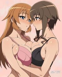 2girls about_to_kiss bra breast-to-breast breast_press brown_hair charlotte_e._yeager huge_breasts large_breasts lesbian lesbian_couple lesbians long_hair orange_hair short_hair sluts strike_witches takei_junko unkai_daraku world_witches_series yuri