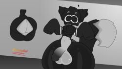 anthro ass balls big_balls big_butt big_penis black_body black_fur clothing commission digital_media_(artwork) felid feline felis femboy fur furry genitals goo_creature gray_body grinnyboithefurry huge_butt humanoid, male mammal navel nude oc penis simple_background smile solo tail thick_thighs white_body wide_hips