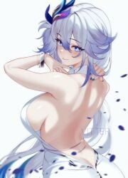 1girls absurdres armpits arms_up artist_name back back_view beautiful big_breasts blue_eyes blue_nails blush bracelets breasts butt_crack collar dress exposed_back female female_only hair_ornament hands_behind_head highres honkai:_star_rail honkai_(series) huge_breasts long_hair looking_at_viewer looking_back massive_breasts peacock_feather ponytail sideboob simple_background smile solo vitter white_hair yao_guang_(honkai:_star_rail)