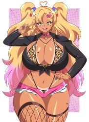 :d abyss162 commission curvy grey_nails gyaru hand_on_hip huge_breasts leopard_print narrow_waist original original_character panther_print smile someone_else's_oc tan_body thick_thighs upper_teeth v voluptuous wide_hips