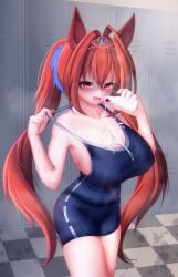animal_ears armpits big_breasts blush breasts brown_hair cleavage collarbone daiwa_scarlet_(umamusume) female horse_ears horse_girl huge_breasts long_hair looking_at_viewer red_eyes school_swimsuit sideboob smug smug_face sukumizu swimsuit thick_thighs thighs tiara twintails umamusume umamusume_pretty_derby