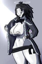 1girls big_ass big_breasts big_thighs black_gloves breasts dark_hair facing_viewer forsaken_(roblox) messy_hair presenting roblox roblox_game robloxian rule_63 scarf self_upload simple_background sweat thighs tongue tongue_out two_time watermark white_eyes