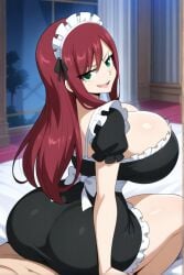 ai_generated erza_scarlet fairy_tail female huge_breasts lap_sitting long_hair maid red_hair smug