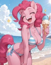 ai_generated anthro anthrofied beach bikini blue_sky blush blush_stickers breasts cherry cleavage closed_eyes clothed clothing cloud cutie_mark dessert emanata equid equine female food friendship_is_magic fruit fur hair happy hi_res horse ice_cream leaning leaning_forward light mammal my_little_pony open_mouth outside pattern_bikini pattern_clothing pattern_swimwear pink_body pink_fur pink_hair pinkie_pie_(mlp) plant pony portrait sea seaside sky solo striped_bikini striped_clothing striped_swimwear stripes sunlight swimwear three-quarter_portrait upper_teeth_only water