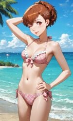 ai_generated athletic_female beach bikini blush brown_hair cleavage confident cute cute_face hair_clip happy kotone_shiomi looking_at_viewer persona persona_3 pink_bikini pose sexy sexy_pose short_hair slim_waist swimsuit tongue_out wink winking_at_viewer