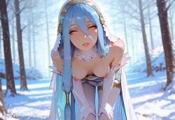 1girls ai_generated armpits arms_behind_head arms_up azura_(fire_emblem) blue_hair breasts elvoryn exposed_breasts female female_on_cloth female_only fire_emblem hair_between_eyes long_hair looking_at_viewer medium_breasts nipples nude parted_lips partially_submerged smile solo standing wet yellow_eyes