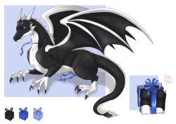 2026 2_horns absurd_res black_body blue_background blue_penis box container countershading dragon erection feral genitals gift_box hi_res horn jewelry male membrane_(anatomy) membranous_wings model_sheet mythological_creature mythological_scalie mythology necklace nude penis pink_phlox purple_eyes scalie simple_background solo spread_wings tappan_taxel white_body white_countershading white_horn wings