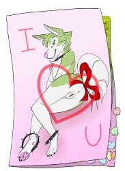absurd_res accessory andromorph anklet anthro ass bow_ribbon byte_fantail_(character) candy candy_hearts canid canine canis collar dessert domestic_dog food fur furgonomics genitals gift_card green_body green_eyes green_fur heart_symbol hi_res holidays husky intersex jewelry legband looking_at_viewer lying mammal money nordic_sled_dog nude on_side pawpads pink_nose pink_pawpads presenting presenting_hindquarters presenting_vulva ribbons sillydraco smile solo spiked_anklet spiked_collar spiked_legband spikes spitz tail tail_accessory tail_bow tail_ribbon text valentine's_day valentine's_day_card vulva white_body white_fur