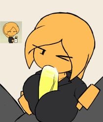 1boy 1girls black_shirt bob_(dsand) clothed_paizuri cum cum_in_mouth fellatio huge_breasts ivy_(dsand) long_hair male_pov my_ghost_friend one_eye_closed orange_hair orange_skin paizufella paizuri paizuri_under_clothes penis pov shirt straight swoiffer2 titjob veiny_penis yellow_penis