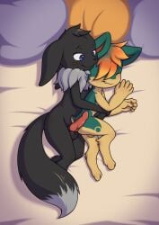 2boys balls bed blush closed_eyes cyndaquil erection gay hug hugging knot male male/male male_only minum nintendo penis pokemon pokemon_(species) yaoi